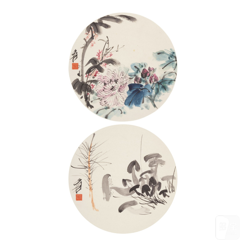 張大千（1899-1983）香菇與花卉二幀 設色紙本 立軸 | ZHANG DAQIAN (1899-1983)